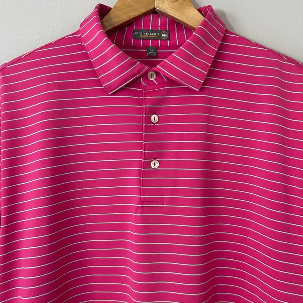 Peter Millar Polo Shirt Mens XL Pink Striped Summer Comfort Short Sleeve Golf
